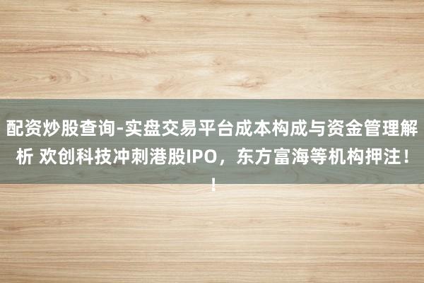 配资炒股查询-实盘交易平台成本构成与资金管理解析 欢创科技冲刺港股IPO，东方富海等机构押注！